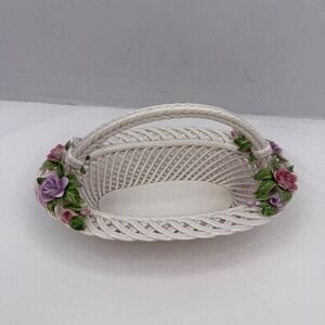 Levante Made in Spain Porcelain Basket Pink Roses Floral Lattice Capodimonte